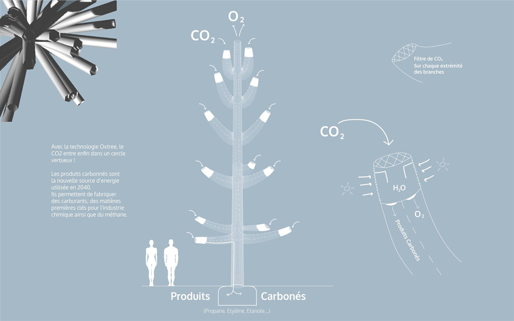 Schéma du fonctionnement de la photosyntèse artificielle réalisée par les arbres robots - Arbre robot réalisant une photosynthèse artificielle - modélisation 3D - Création d'une plante génétiquement modifiée - sculpture en silicone - Projet de design fiction Et si demain..?